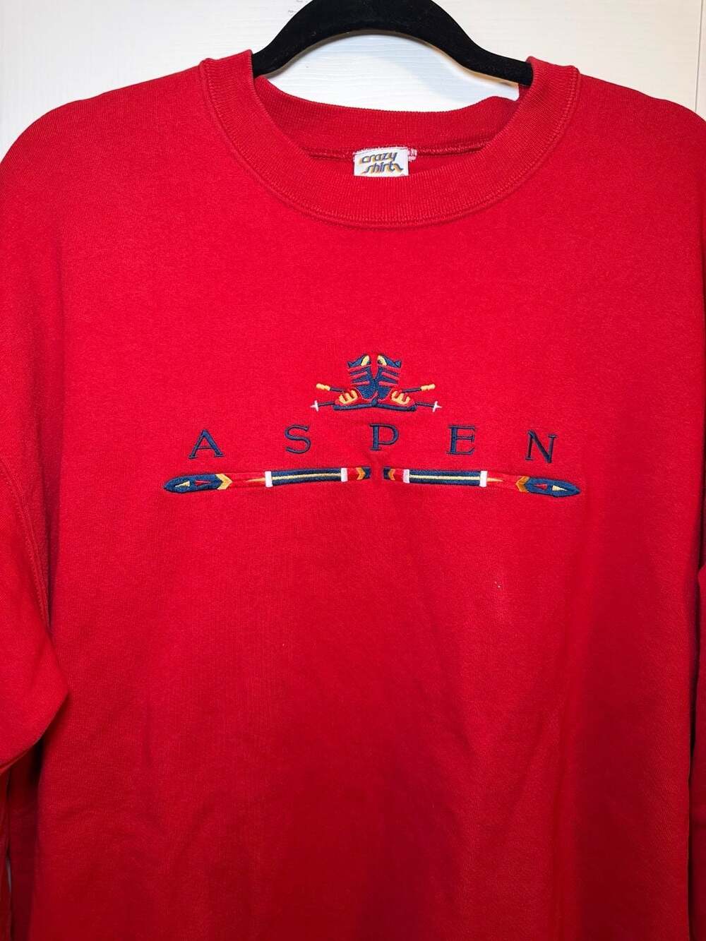 Vintage Crazy Shirt Hawaii Red Aspen Ski Boots Embroidery Crewneck L